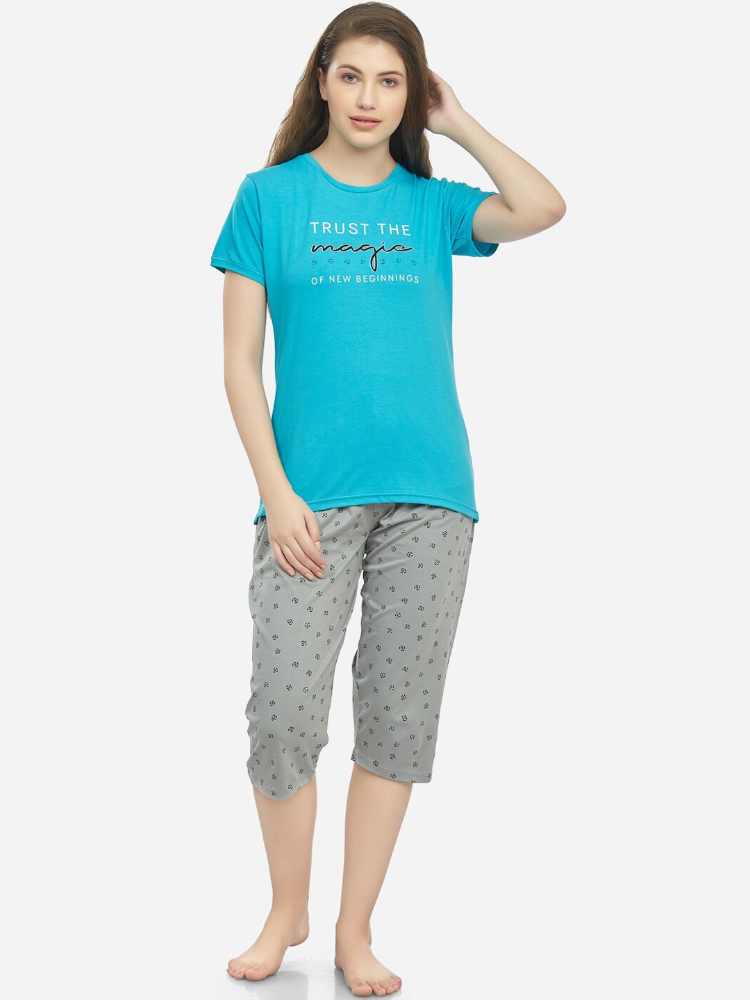 

Lenissa Women Blue & Grey Printed Night Suit