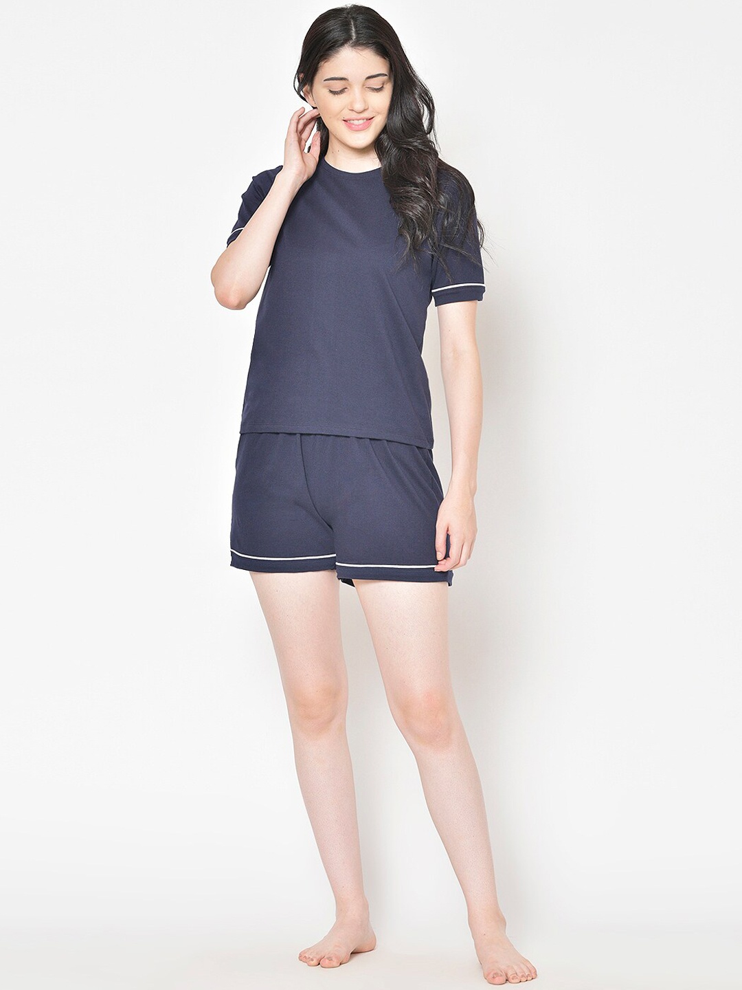 Cation Women Navy Blue Solid Night Suit