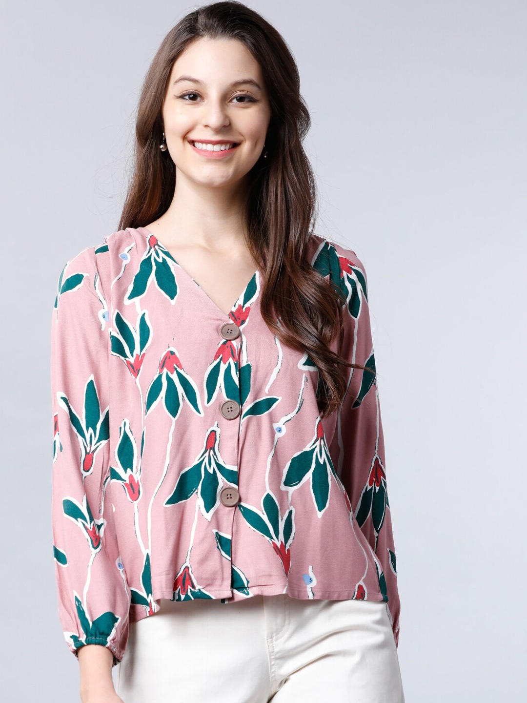 

Tokyo Talkies Women Pink & Green Floral Print Shirt Style Top