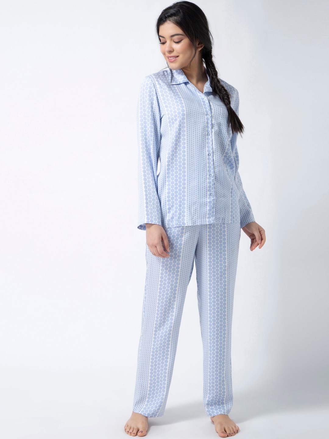 

ADORENITE Women White & Blue Printed Night suit