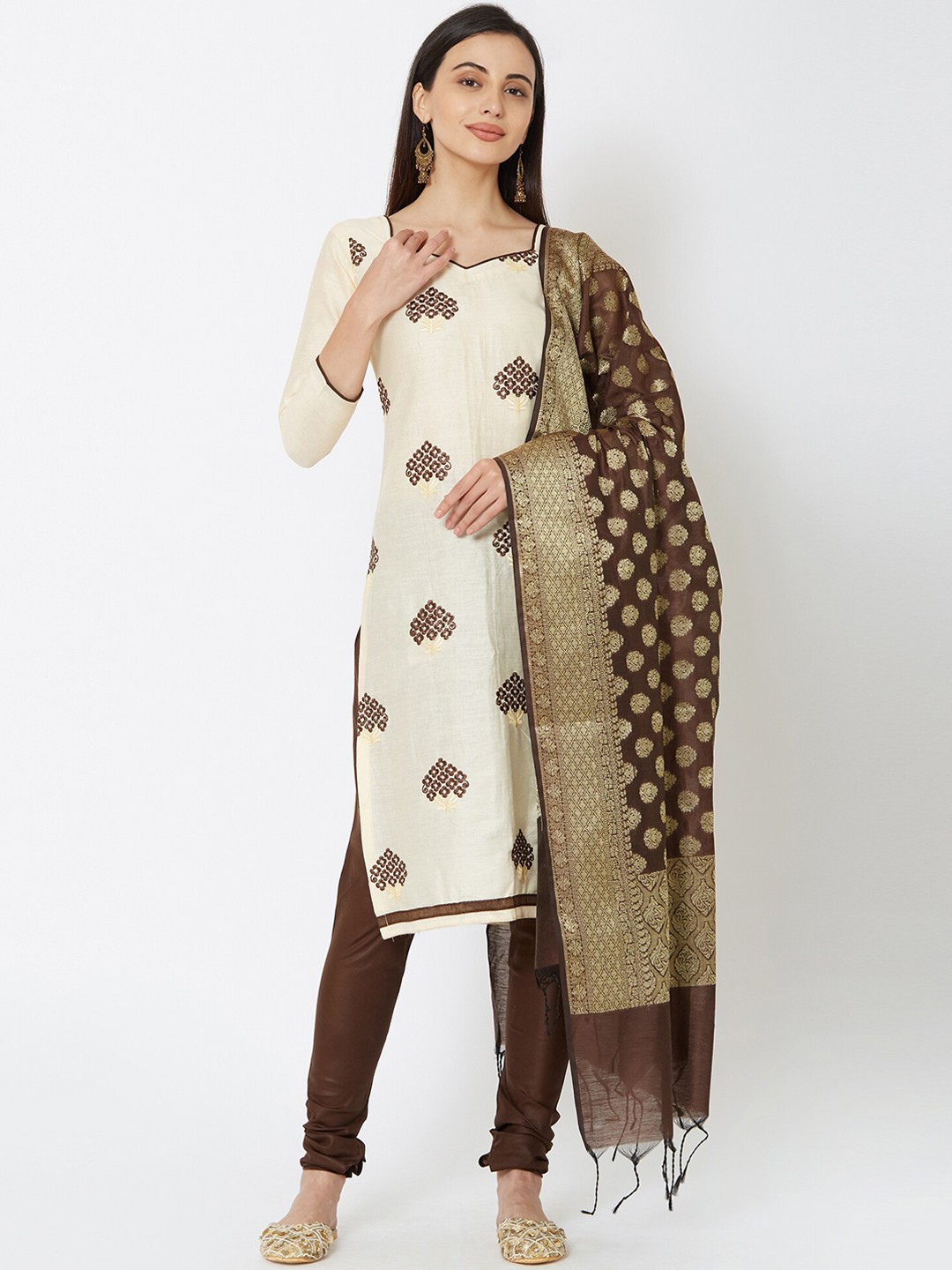 

Satrani Cream-Coloured & Brown Pure Cotton Unstitched Dress Material