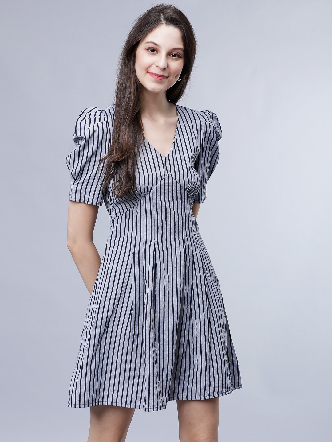 

Tokyo Talkies Women Navy Blue Striped A-Line Dress