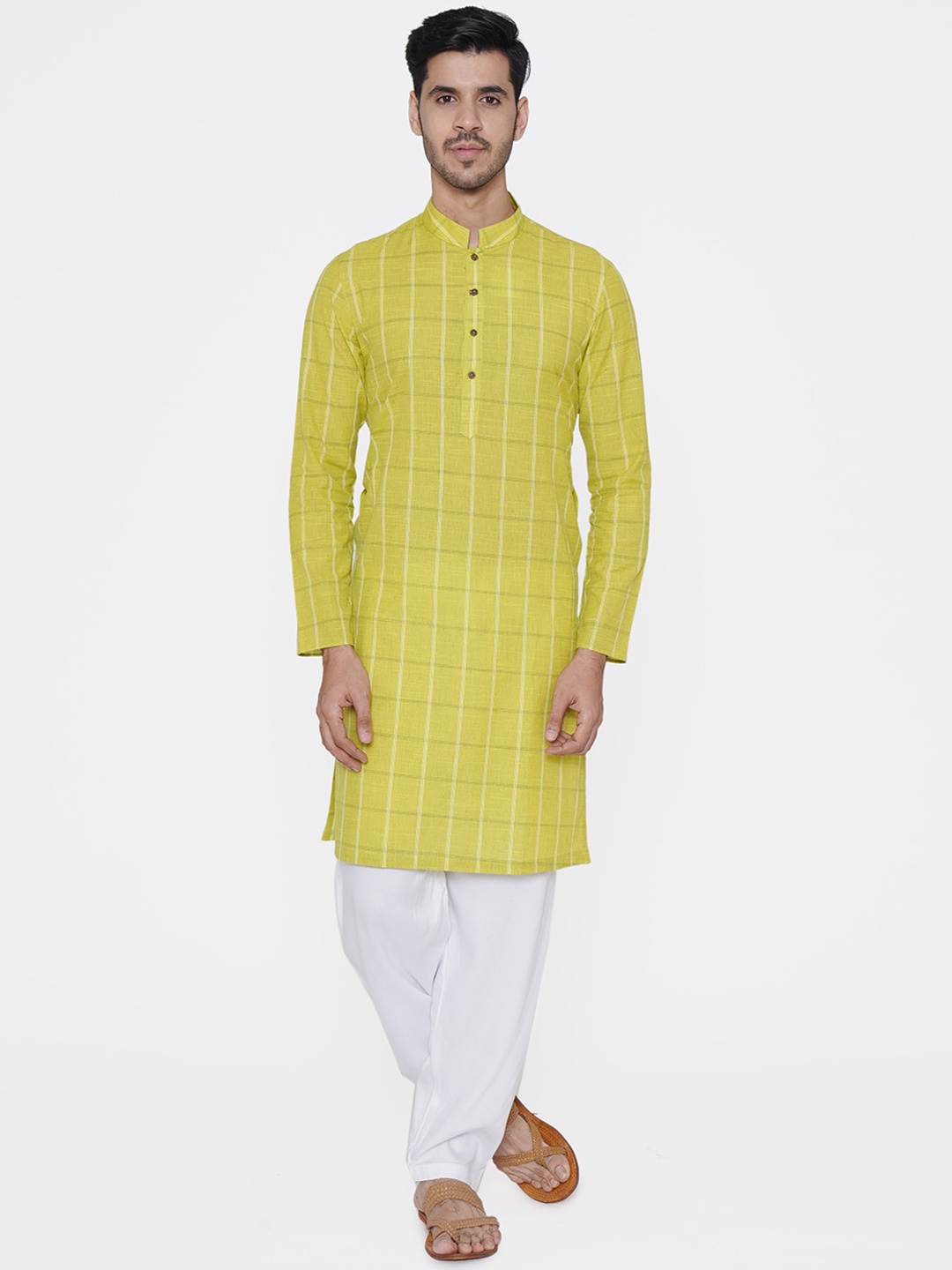 

Manyavar Men Lime Green & White Checked Straight Kurta
