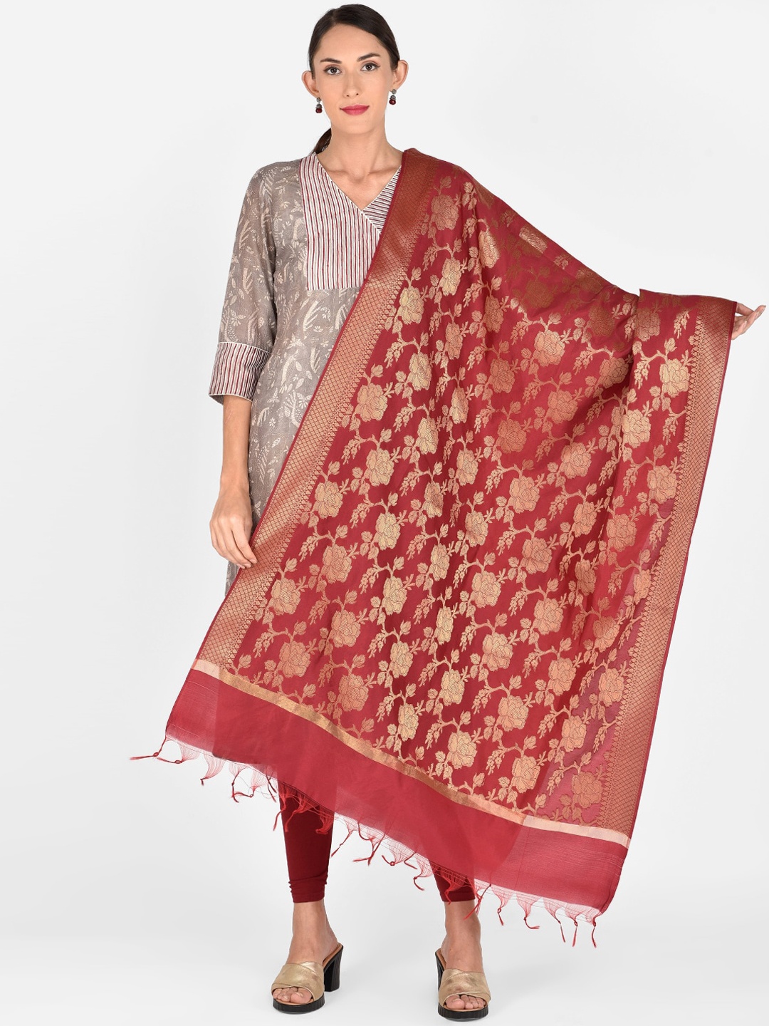

Dupatta Bazaar Maroon & Gold-Toned Woven Design Dupatta