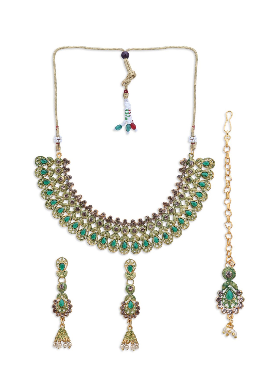 

Sukkhi Gold-Plated Green & White Stone Studded Antique Jewellery Set
