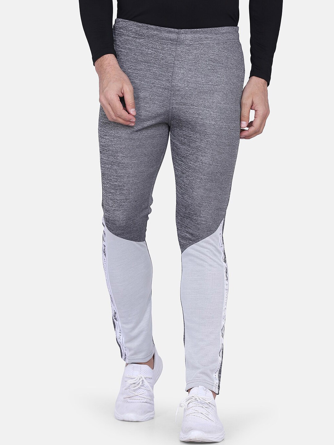

Aesthetic Bodies Men Grey Melange & Off-White Colourblocked Slim Fit Track Pants