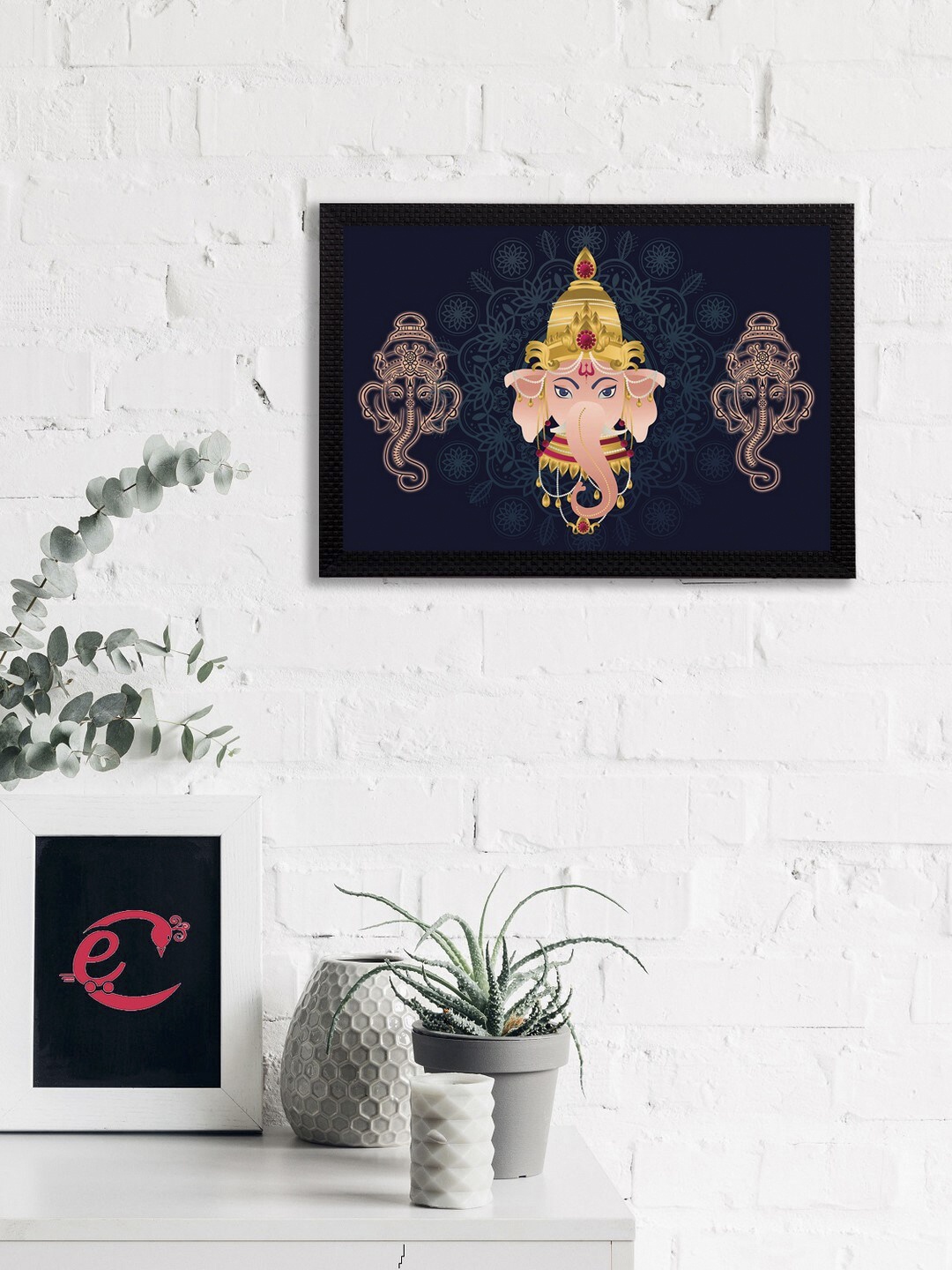 eCraftIndia Blue & Pink Lord Ganesha Satin Matt Textured UV Wall Art, Navy blue