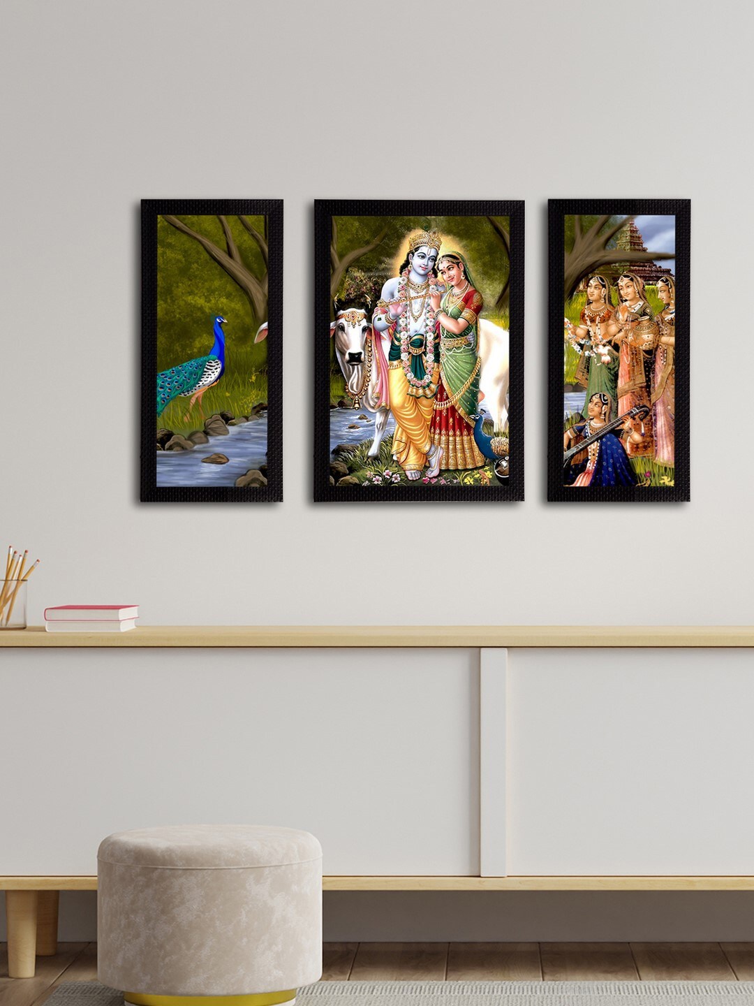 

eCraftIndia Set of 3 Radha Krishna Satin Matt Texture UV Art Paintings, Multi