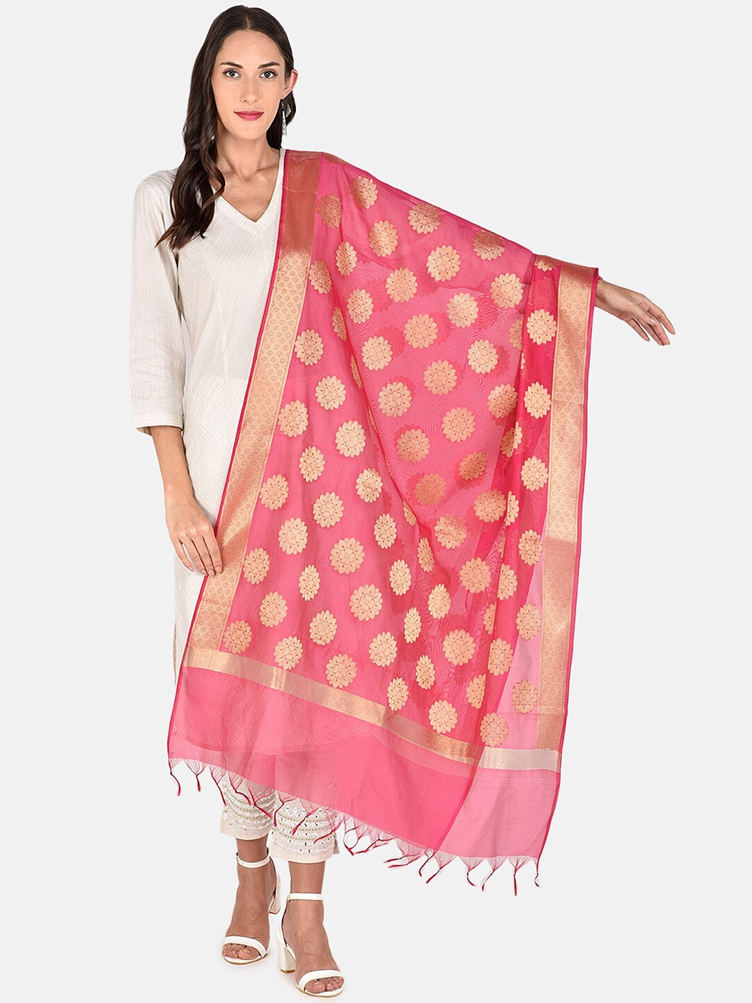Dupatta Bazaar Pink & Gold-Toned Woven Design Dupatta
