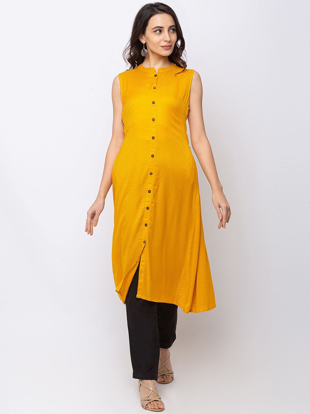

Ethnicity Women Mustard Yellow Solid Straight Kurta