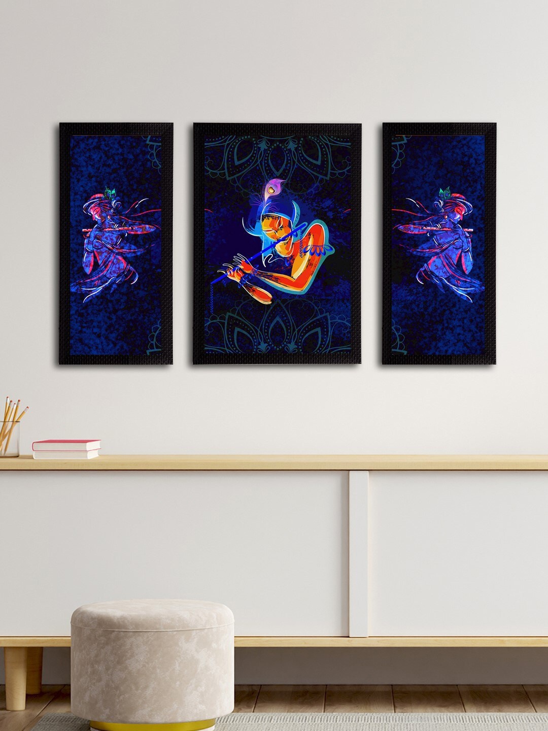 

eCraftIndia Set of 3 Blue & Orange Radha Krishna Satin Matt Textured UV Wall Arts