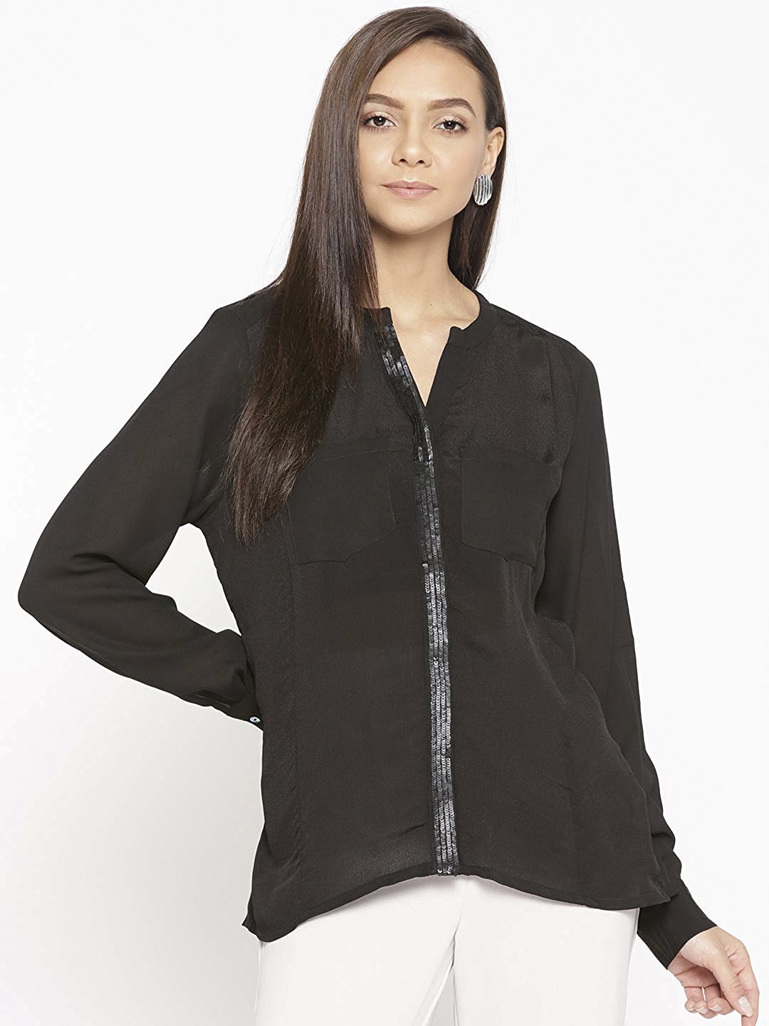 

Porsorte Women Black Solid Shirt Style Top