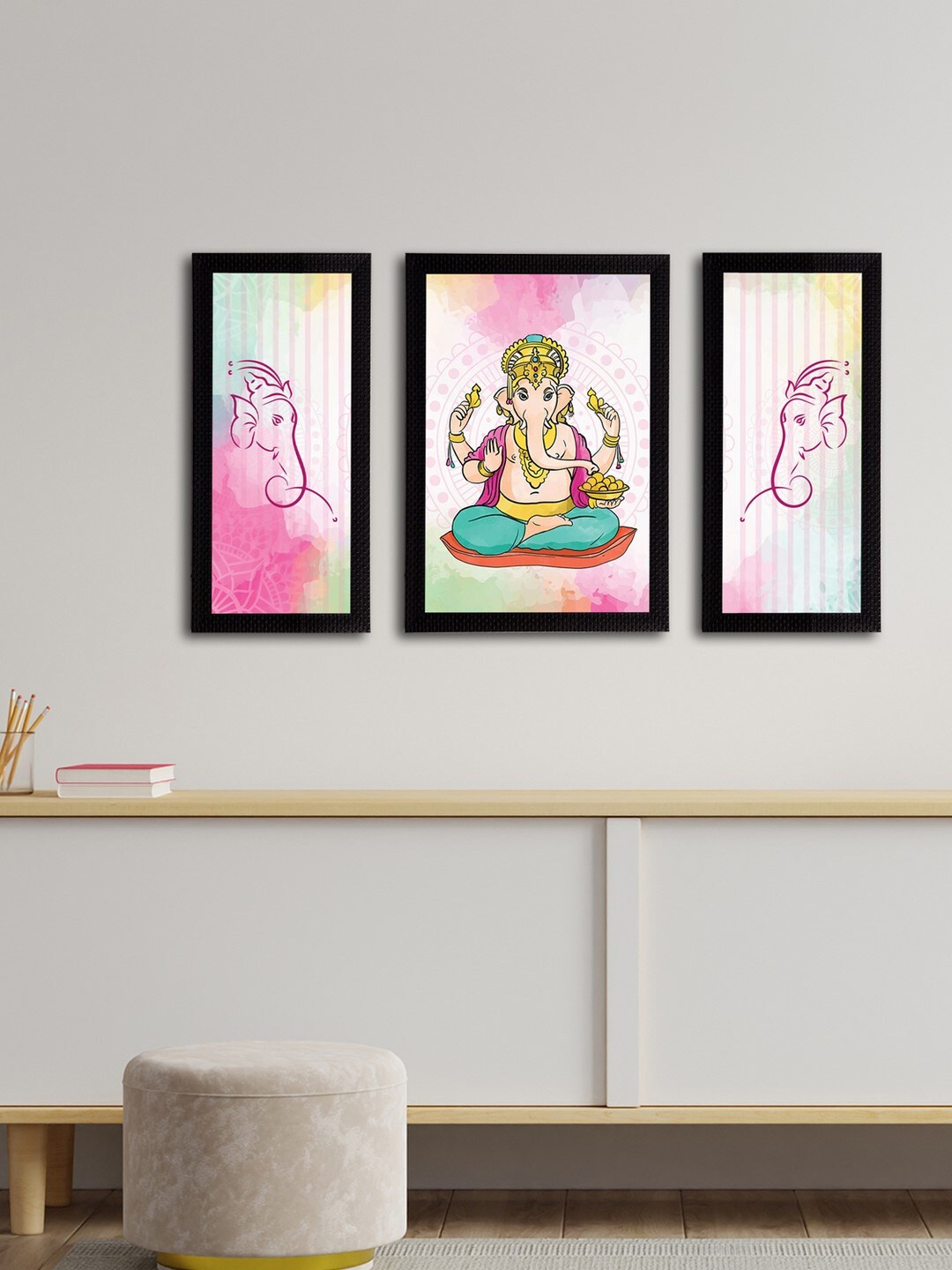 

eCraftIndia Set of 3 Pink & Yellow Lord Ganesha Satin Matt Textured UV Wall Arts