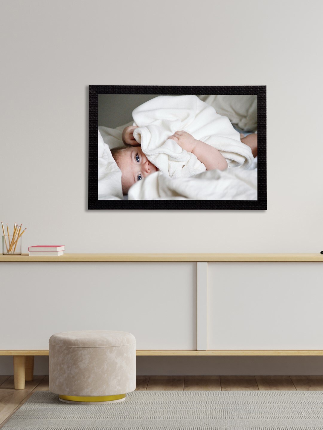 eCraftIndia Black & White Cute Baby Satin Matt Textured UV Wall Art