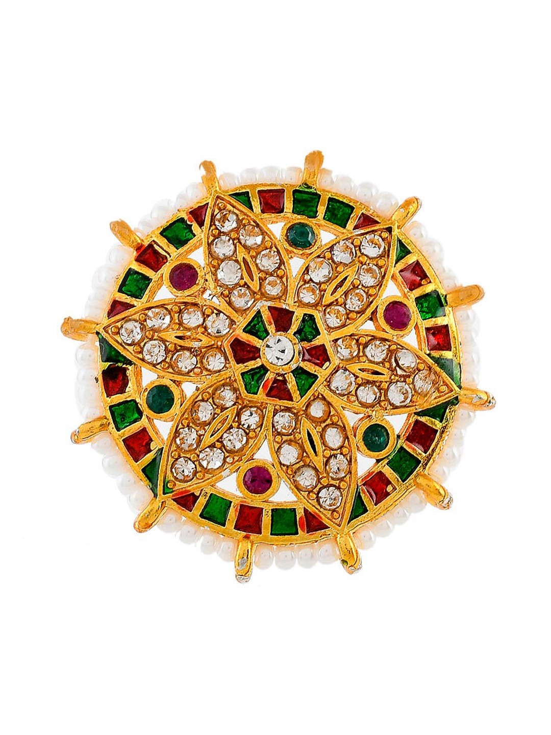 

Silvermerc Designs Gold-plated White & Green Stone-Studded Meenakari Adjustable Finger Ring