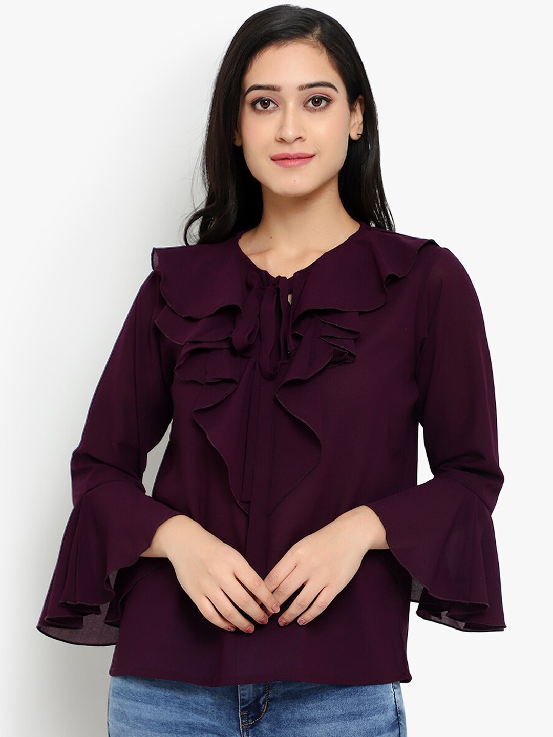 

Indietoga Purple Tie-Up Neck Ruffles Crepe Top