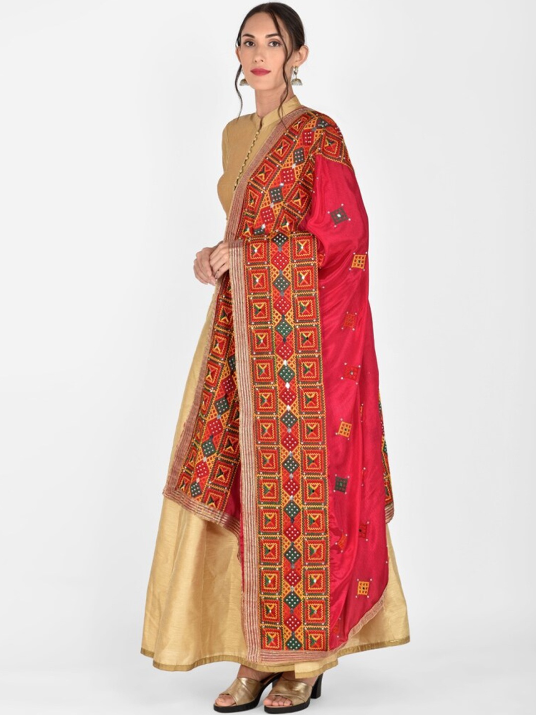 

Dupatta Bazaar Pink & Yellow Embroidered Dupatta with Phulkari