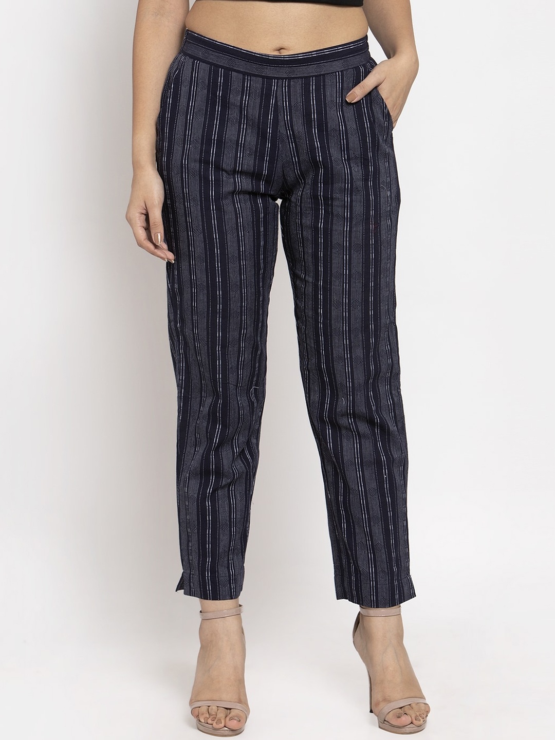 RAISIN Women Navy Blue Regular Fit Striped Regular Trousers