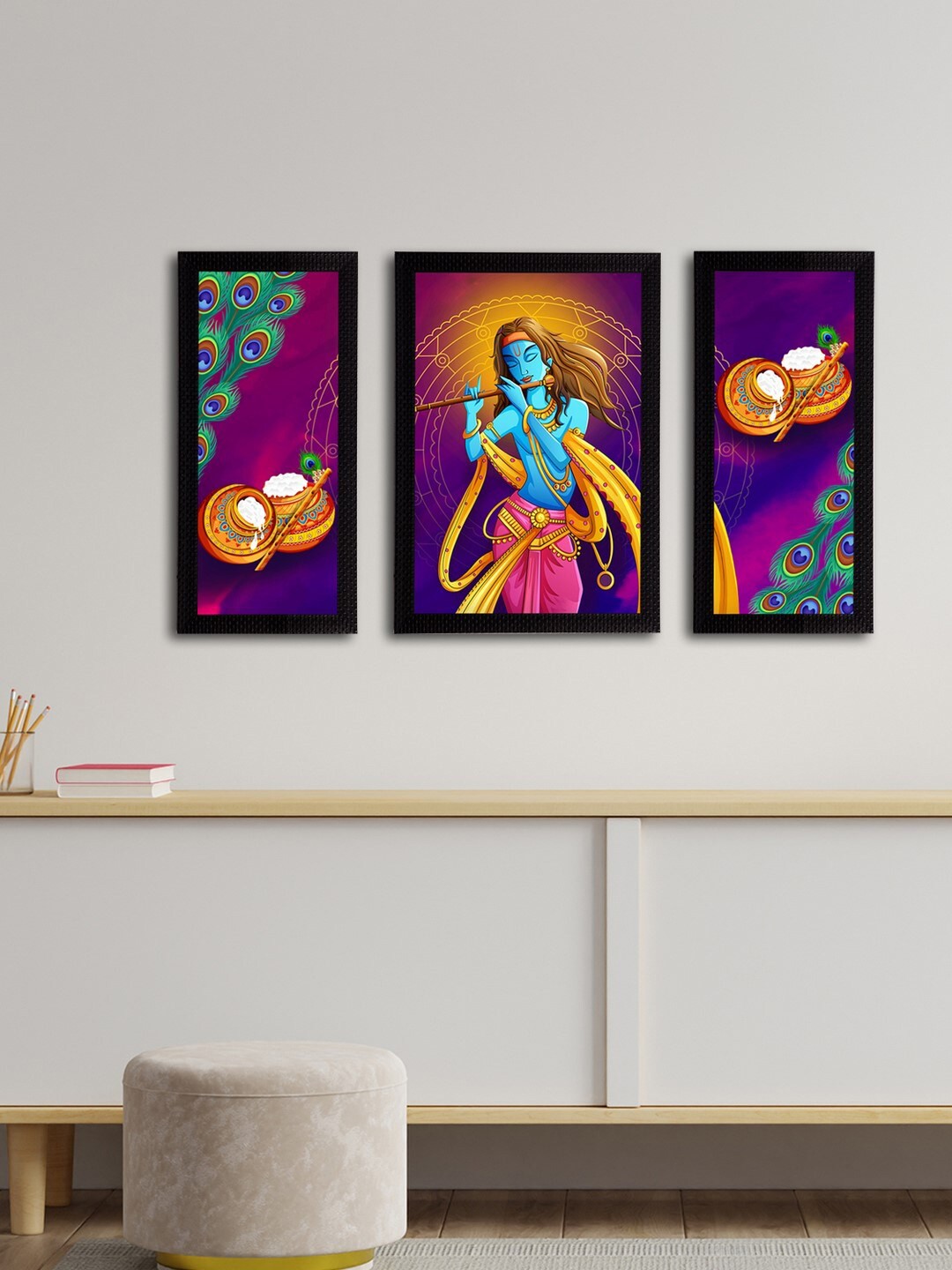 

eCraftIndia Set of 3 Multicoloured Lord Krishna Satin Matt Textured UV Wall Arts, Multi