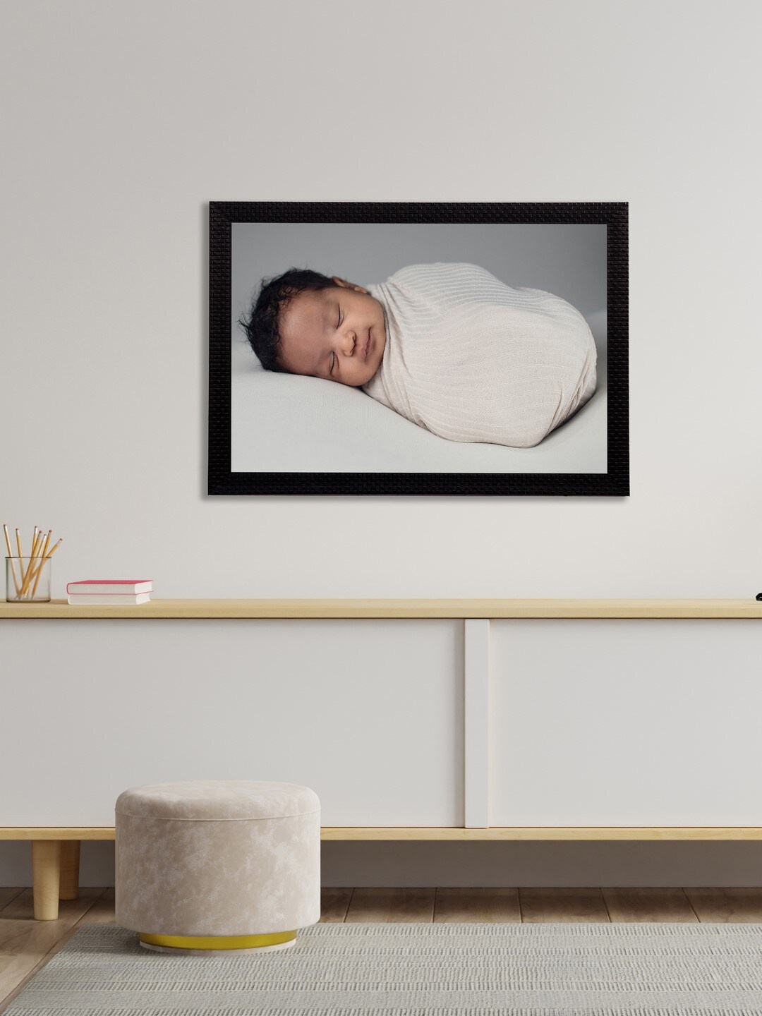

eCraftIndia Black & White Cute Baby Satin Matt Textured UV Wall Art