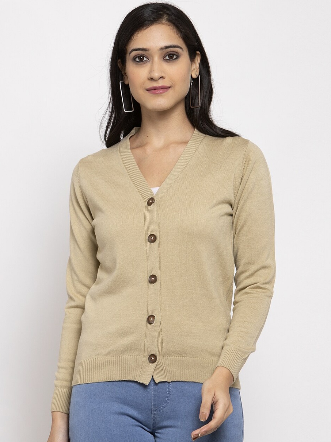 Kalt Women Camel Brown Solid Cardigan Sweater