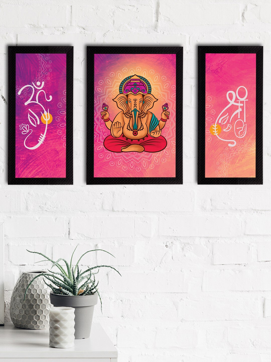

eCraftIndia Set of 3 Pink & Purple Lord Ganesha Satin Matt Textured UV Wall Arts