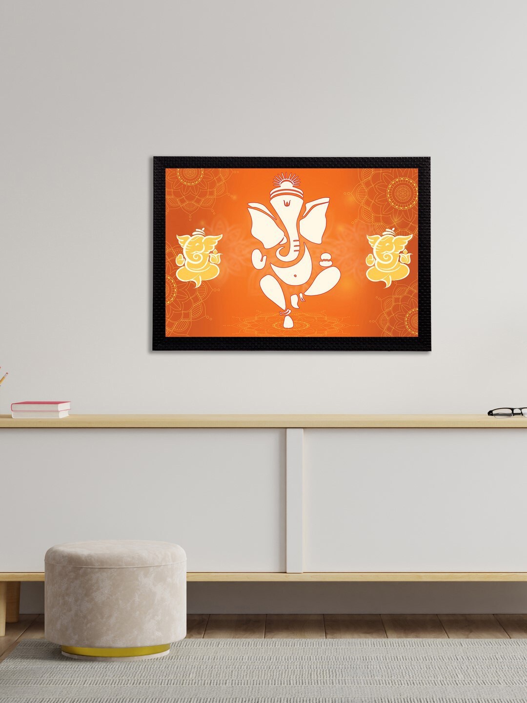 

eCraftIndia Orange & Cream-Coloured Lord Ganesha Satin Matt Textured UV Wall Art