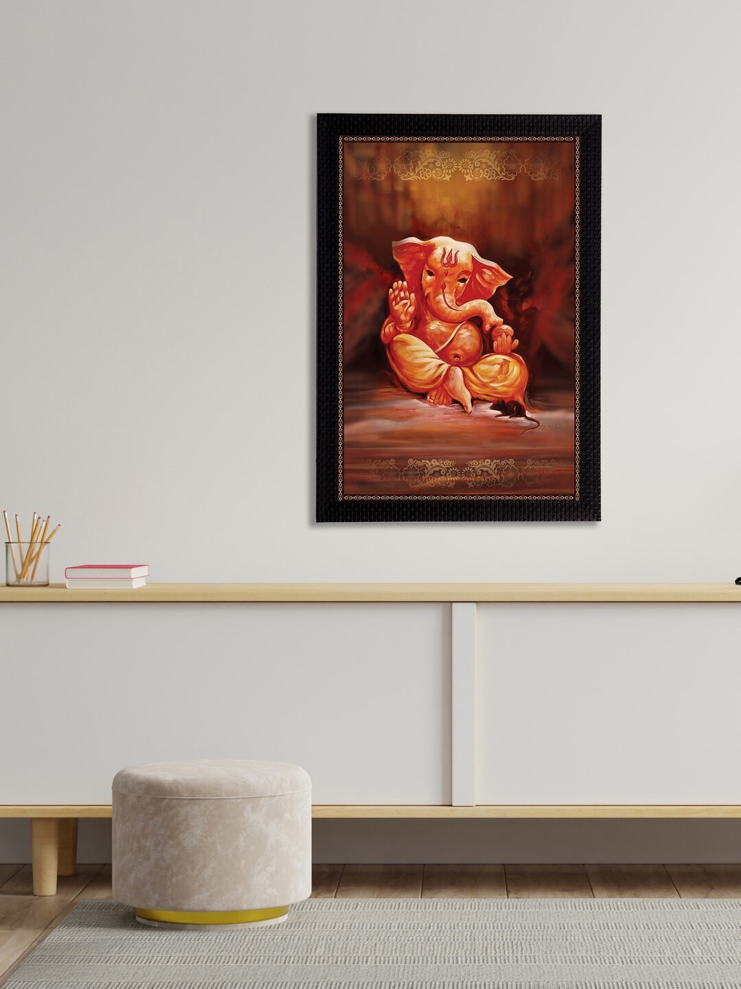 eCraftIndia Brown & Yellow Lord Ganesha Satin Matt Textured UV Wall Art