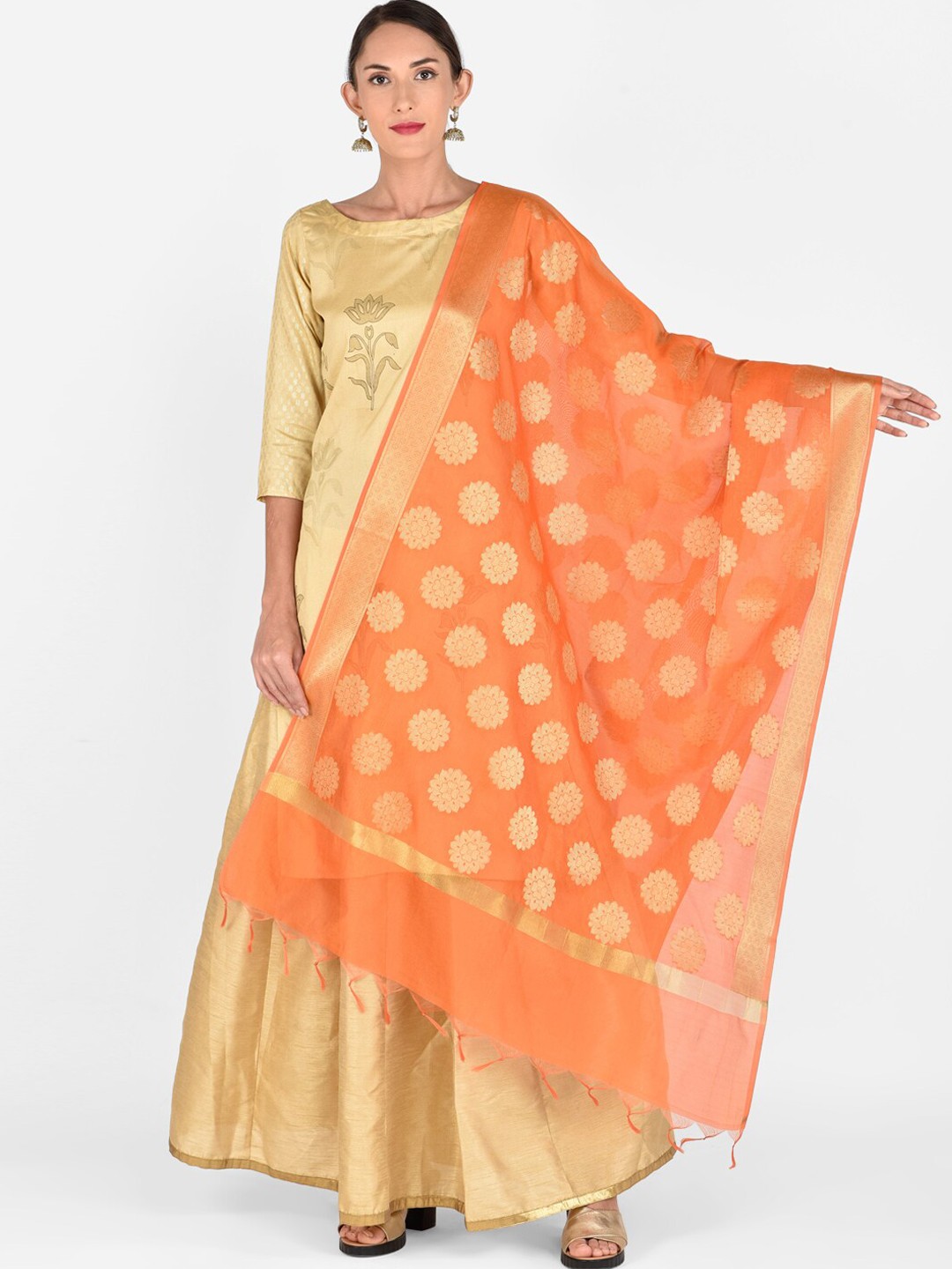 

Dupatta Bazaar Orange & Gold-Toned Woven Design Dupatta