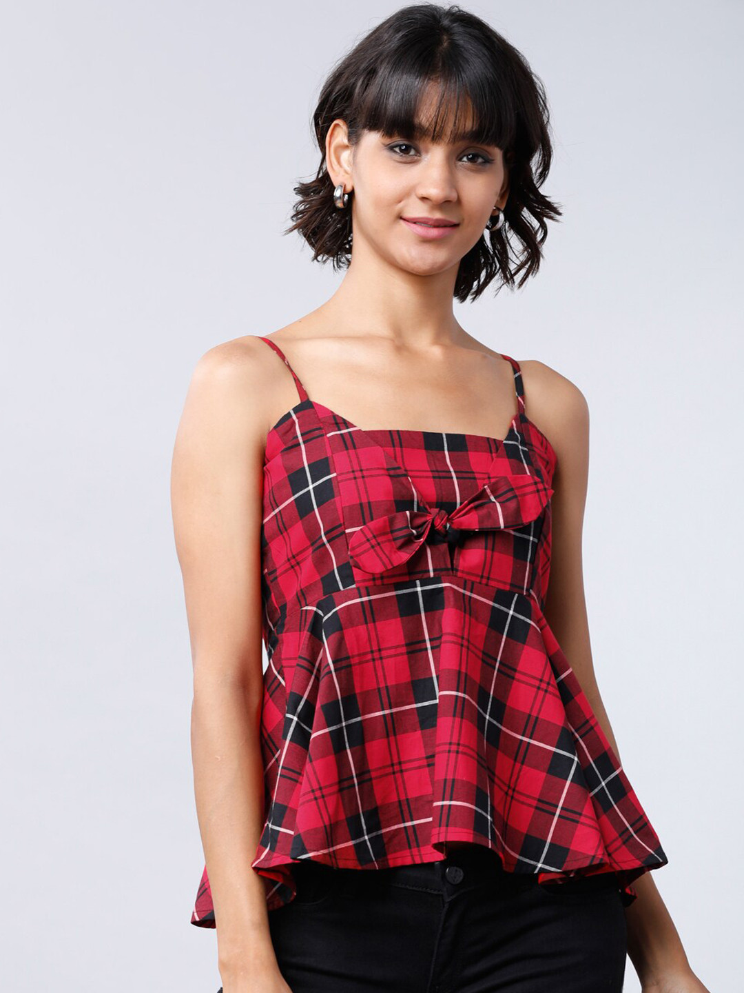 

Tokyo Talkies Women Red & Black Checked A-Line Top
