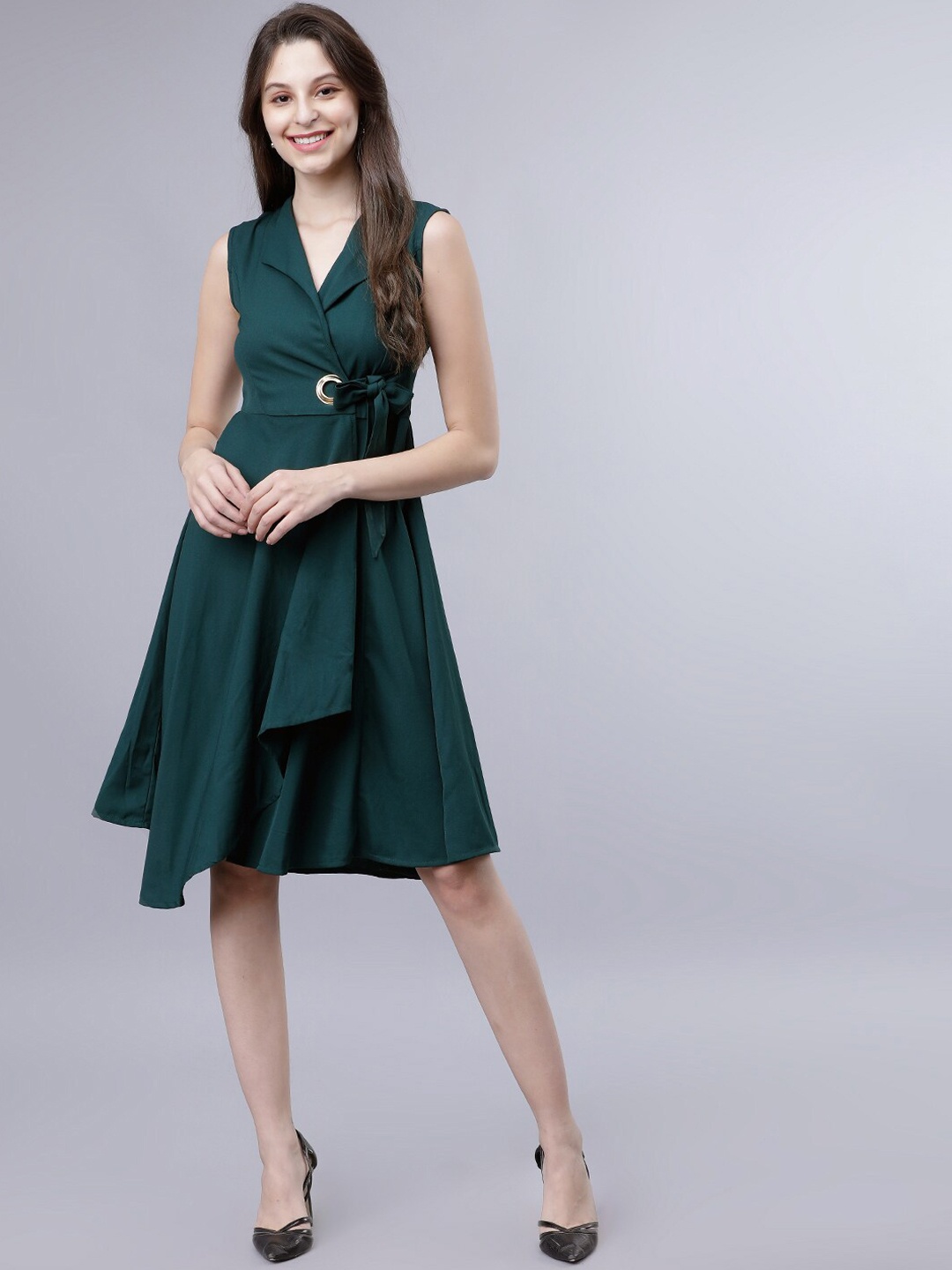 

Tokyo Talkies Women Bottle Green Solid Fit and Flare Dress