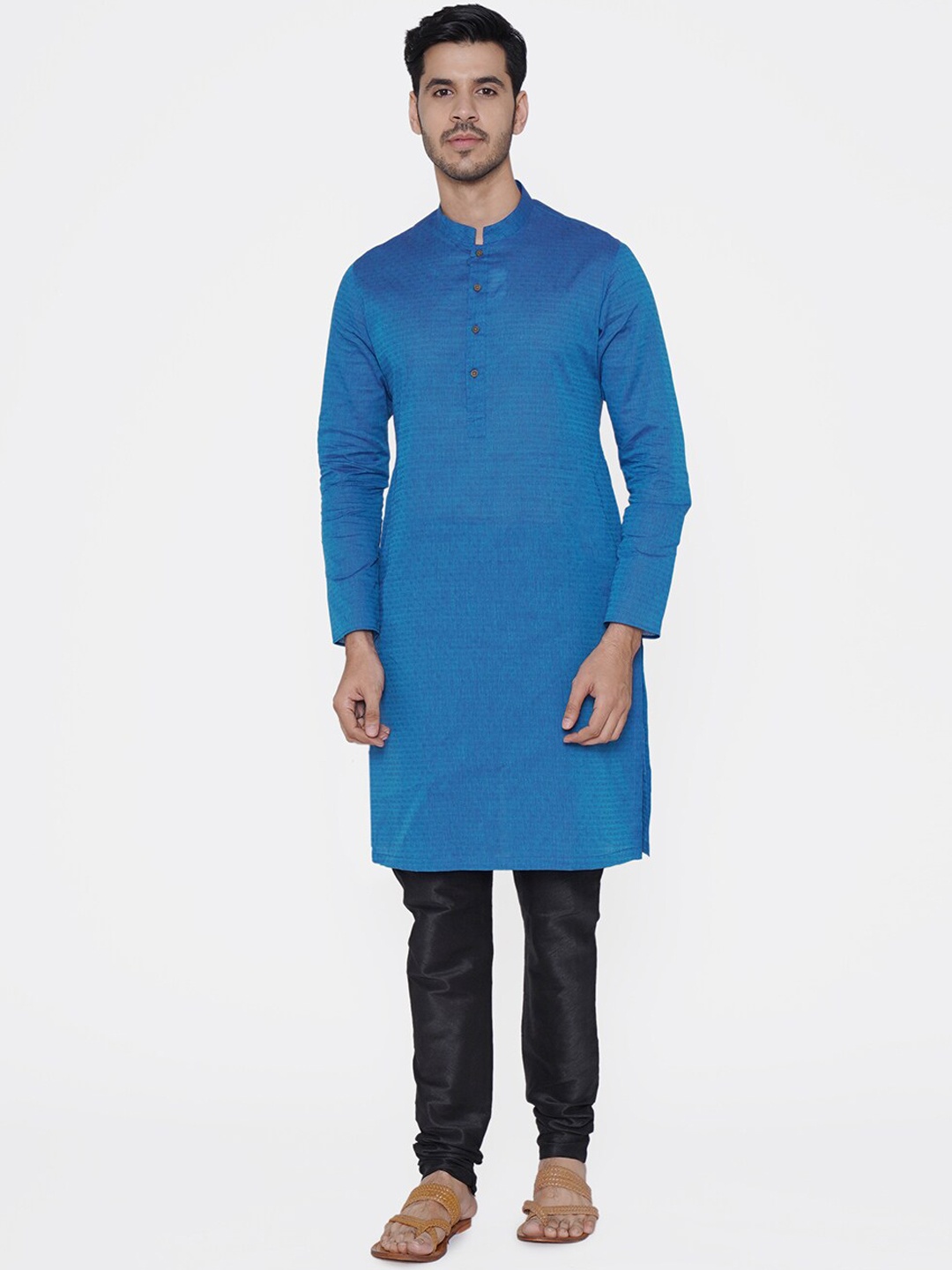 Manyavar Men Blue Woven Design Straight Kurta