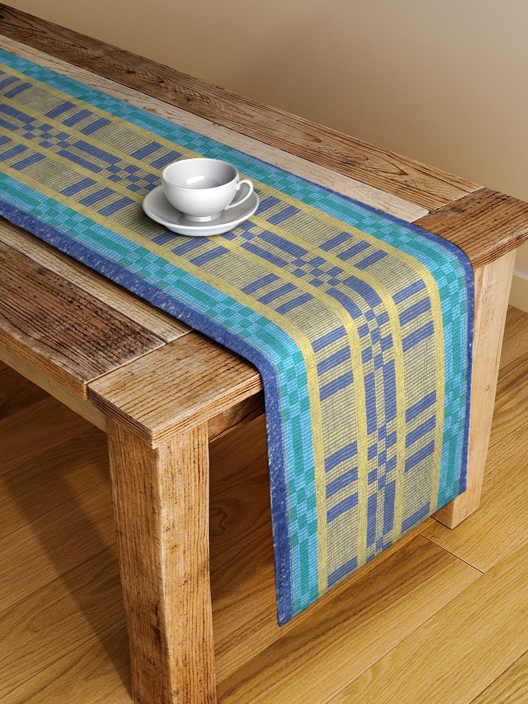 

KLOTTHE Set of 2 Blue & Yellow Checked Hand-Tufted Table Runners