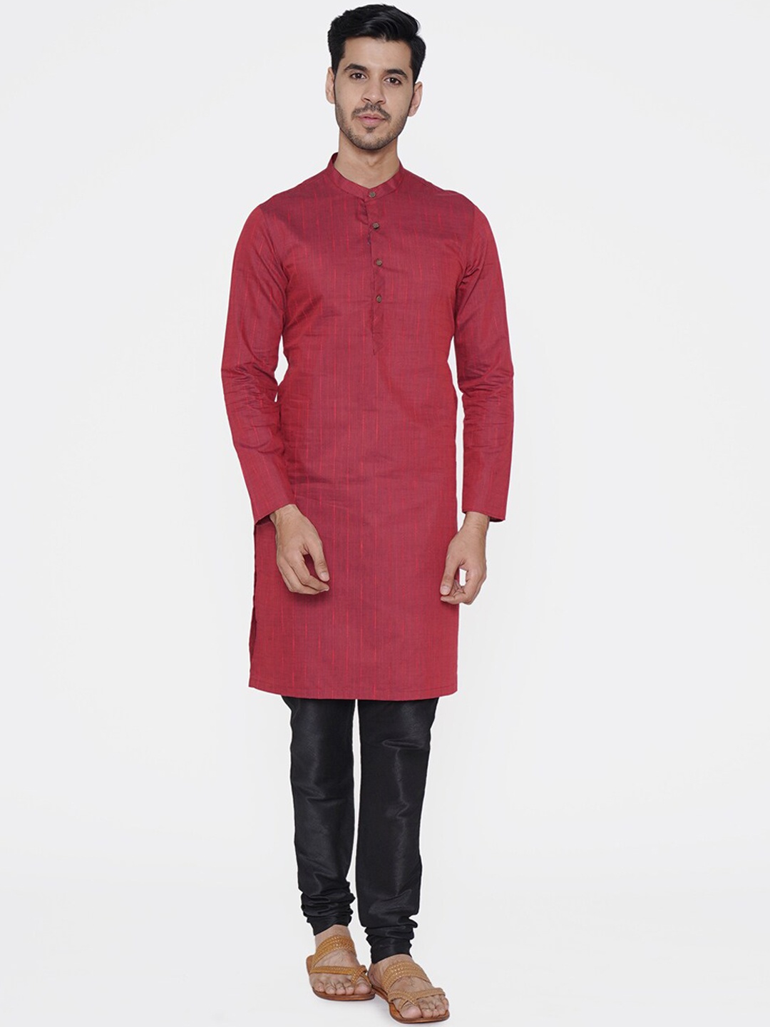 

Manyavar Men Maroon Striped Straight Kurta