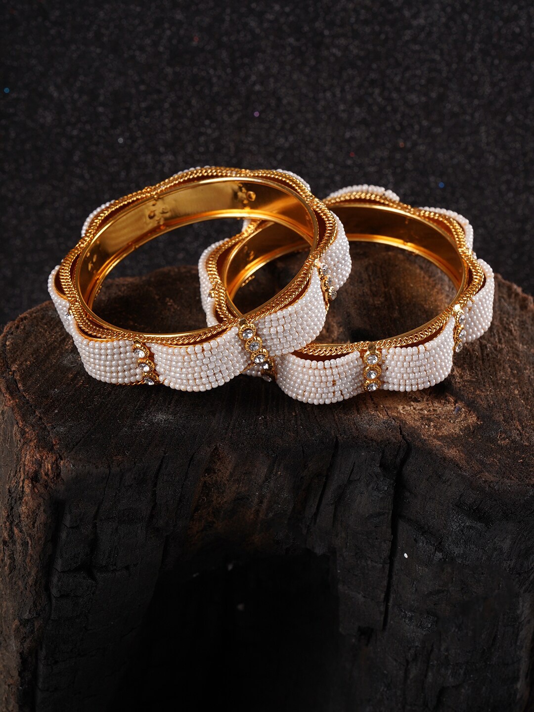 

Shoshaa Women Set of 2 Gold-Plated & White Beaded Handcrafted Bangles