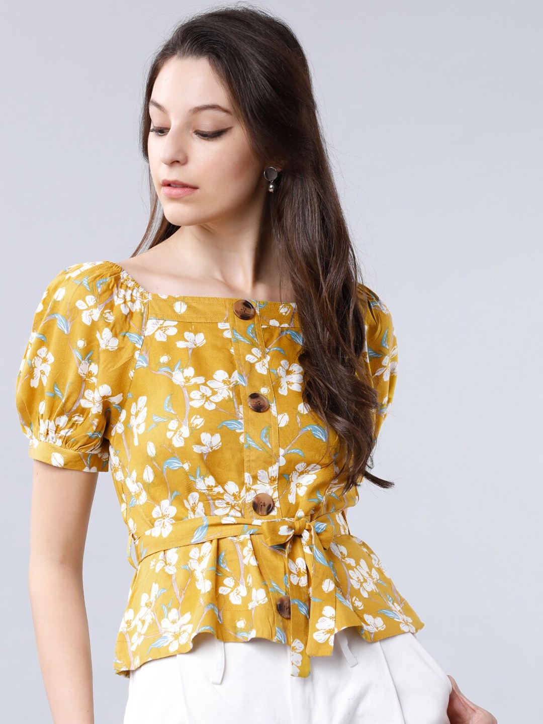 

Tokyo Talkies Women Mustard Yellow & White Floral Print Peplum Top