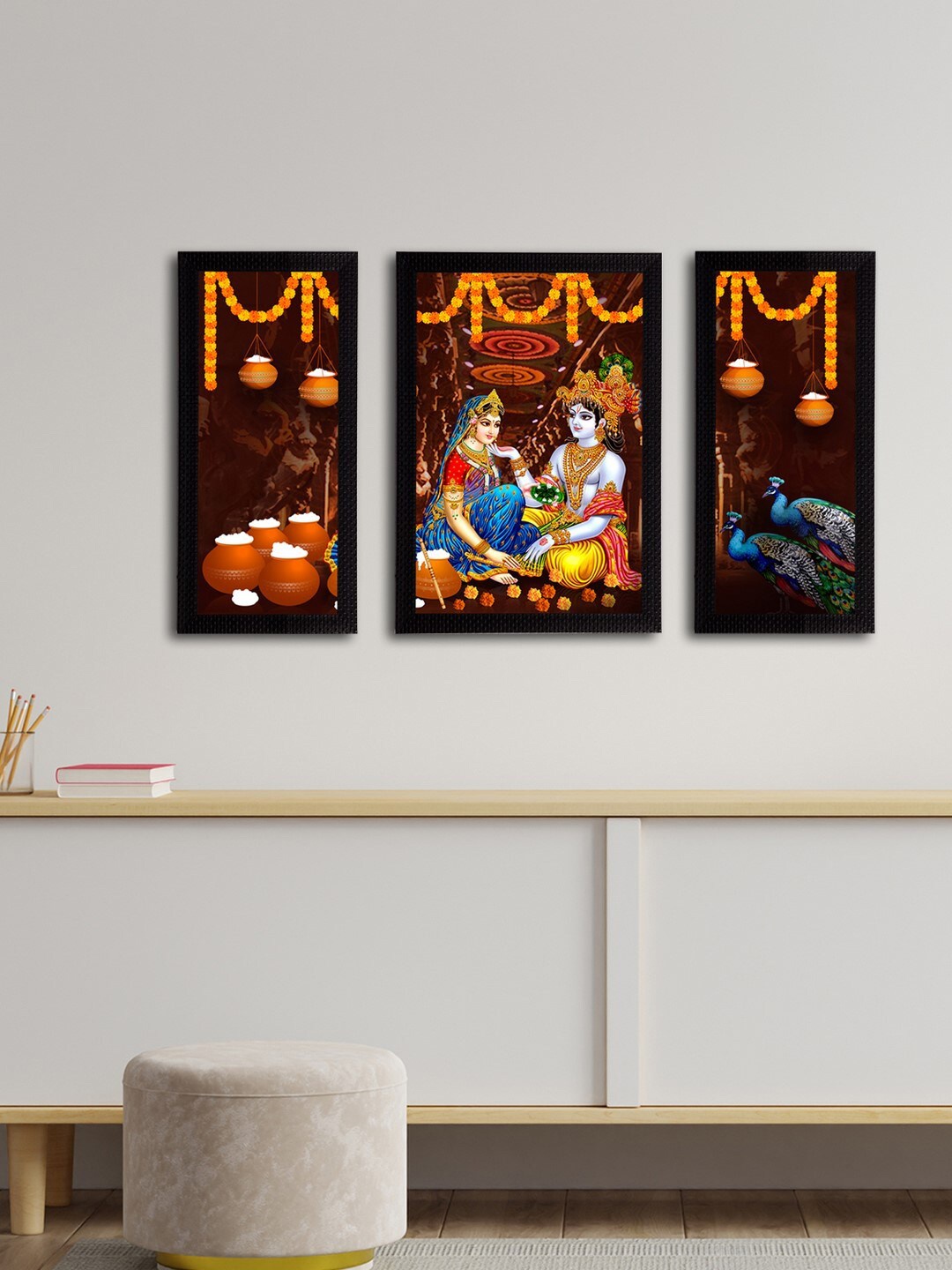 eCraftIndia 3-Panelled Brown & Yellow Satin Matt Textured Wall Art