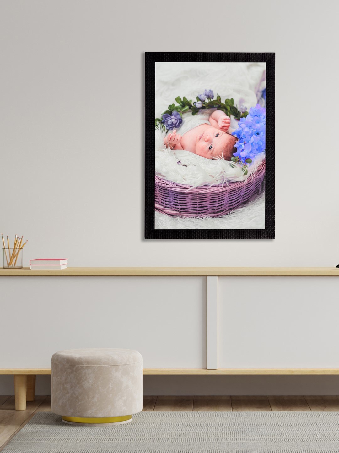 

eCraftIndia White & Black Cute Baby Satin Matt Textured UV Wall Art