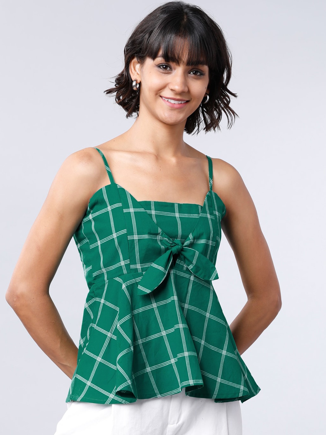 

Tokyo Talkies Women Green & White Checked Peplum Top