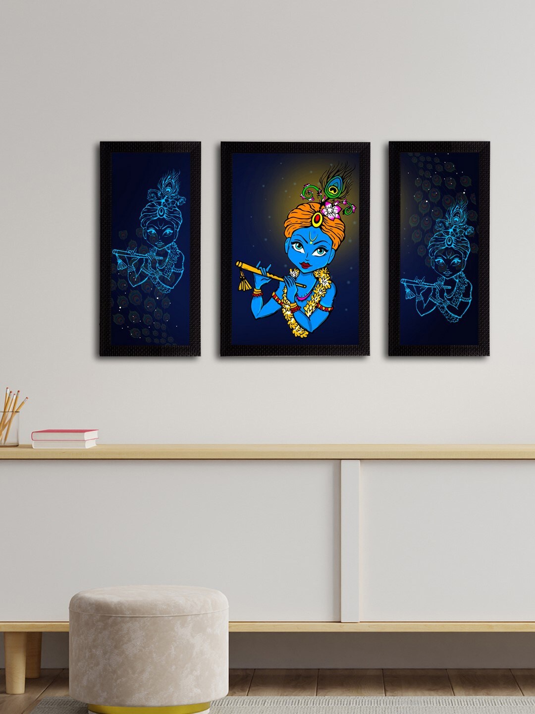 

eCraftIndia Set Of 3 Navy Blue Lord Krishna Satin Matt Texture UV Wall Arts