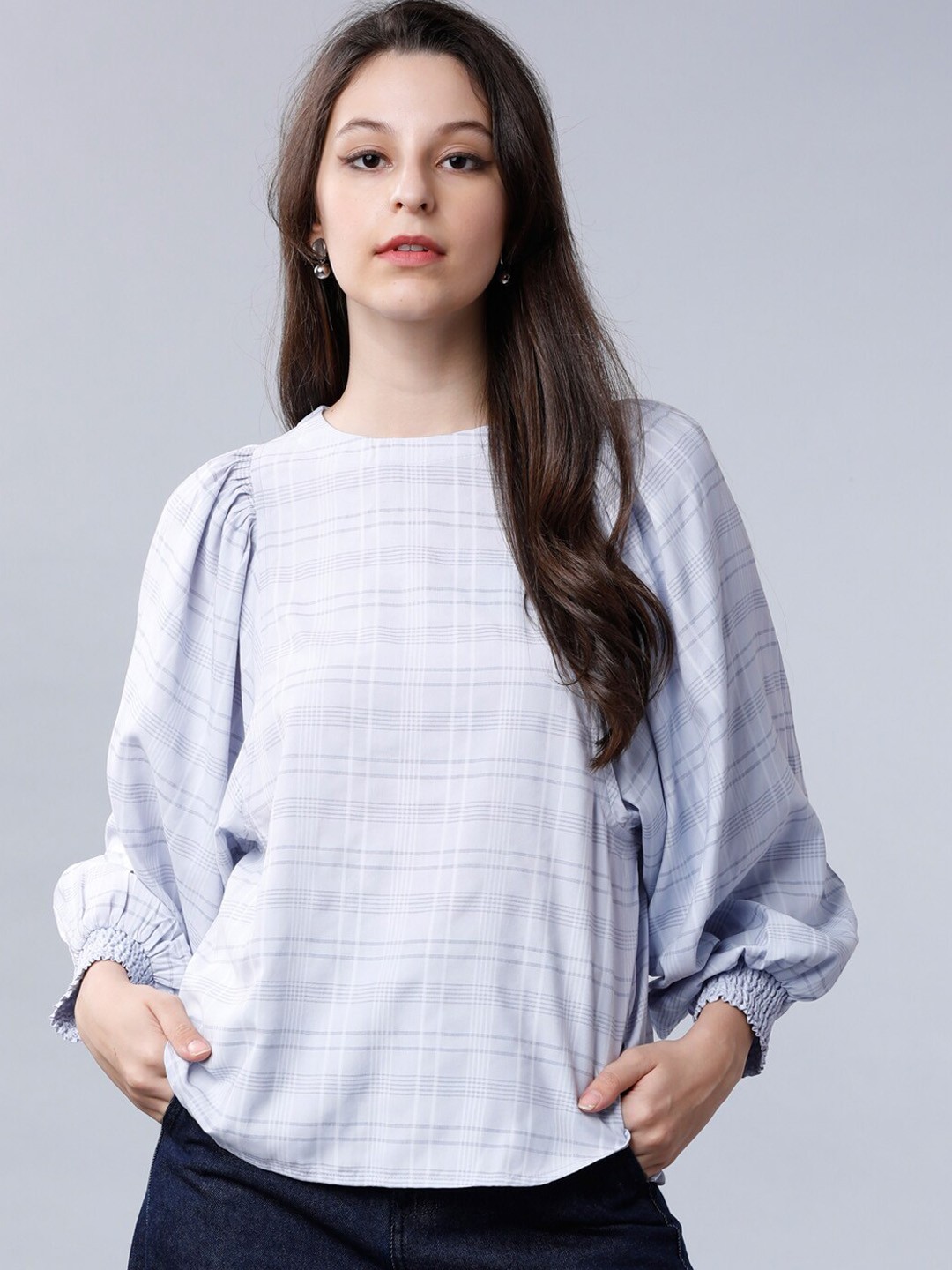 

Tokyo Talkies Women Blue Checked High-Low Top