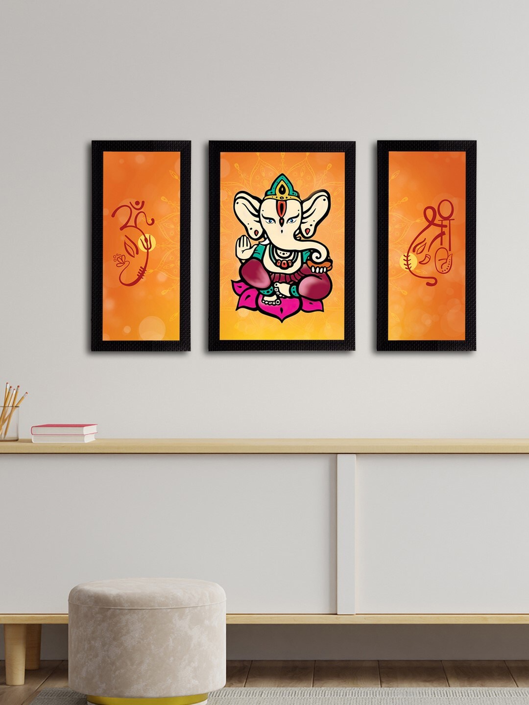 

eCraftIndia Set of 3 Orange & Black Lord Ganesha Satin Matt Texture UV Wall Arts