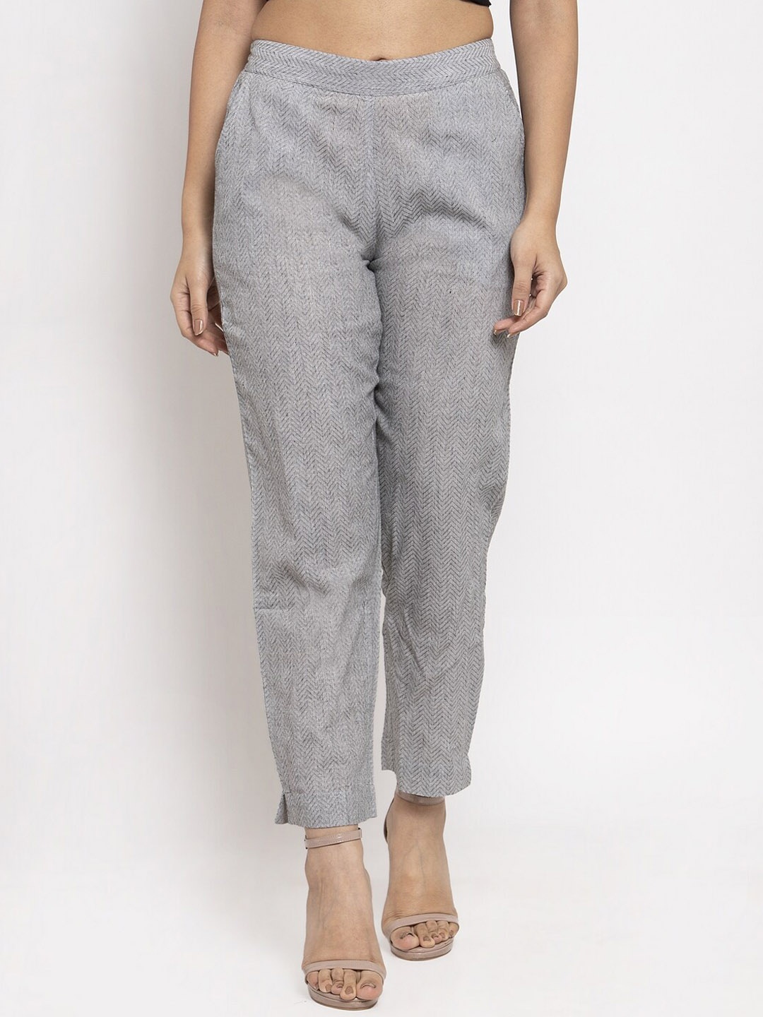 

RAISIN Women Grey Regular Fit Self Design Cigarette Trousers