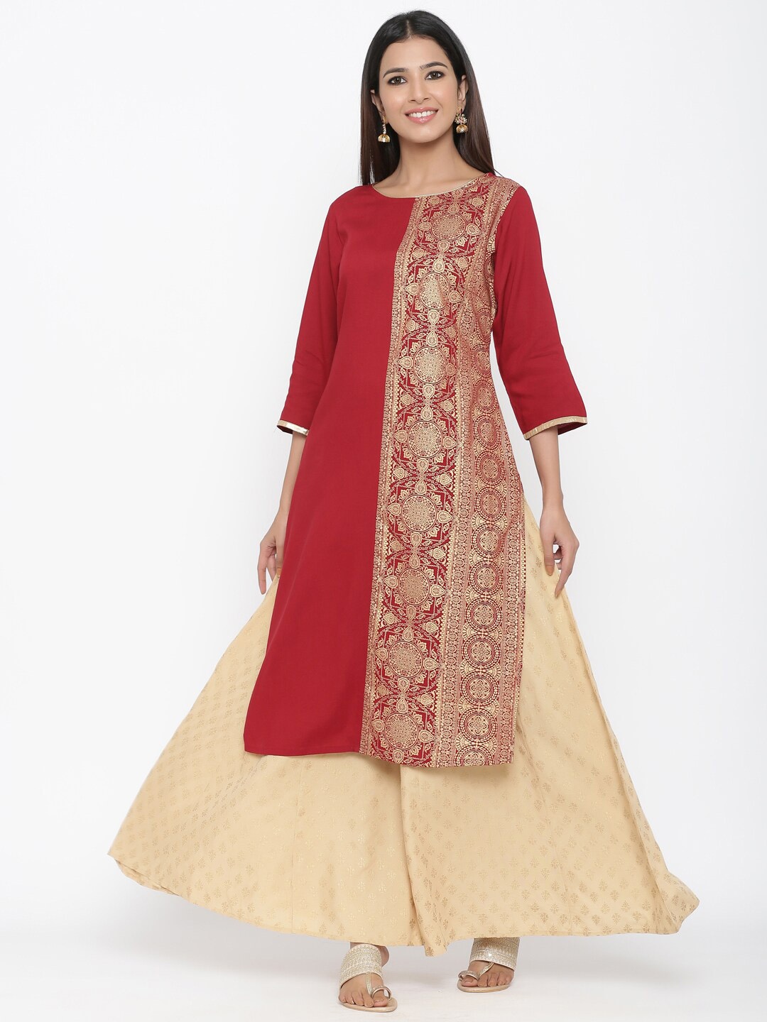 

Juniper Women Maroon & Gold-Coloured Printed A-Line Kurta