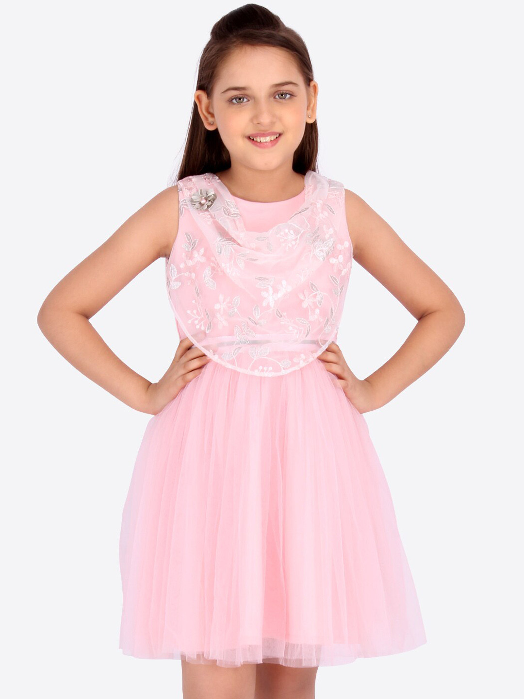 

CUTECUMBER Girls Pink Embroidered Fit and Flare Dress