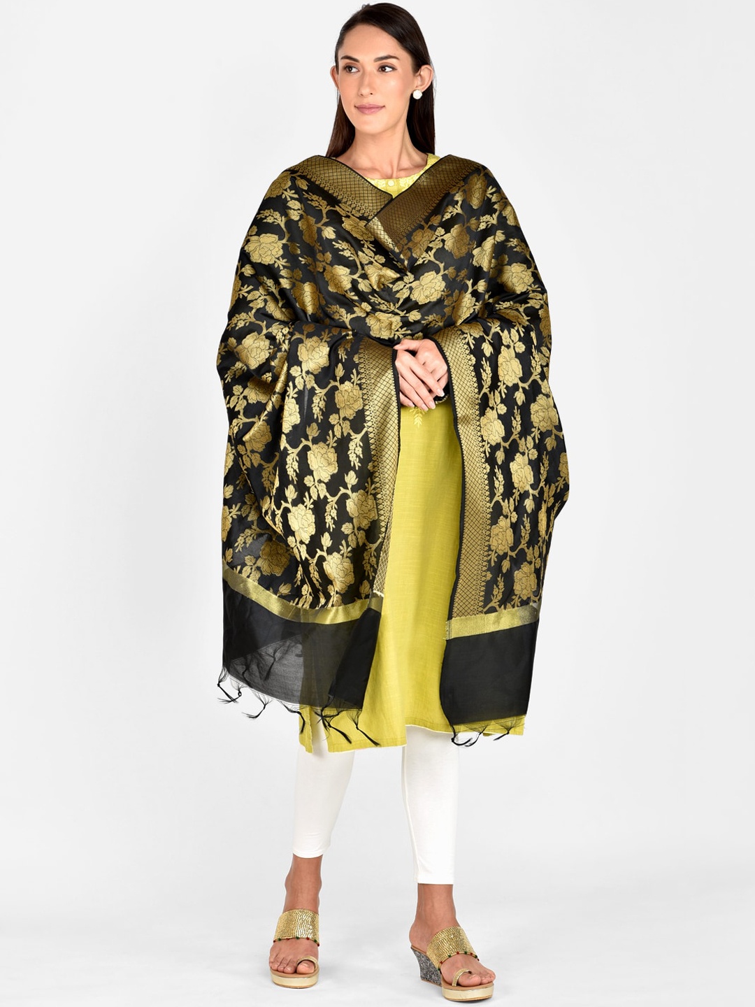 

Dupatta Bazaar Black & Gold-Toned Woven Design Dupatta