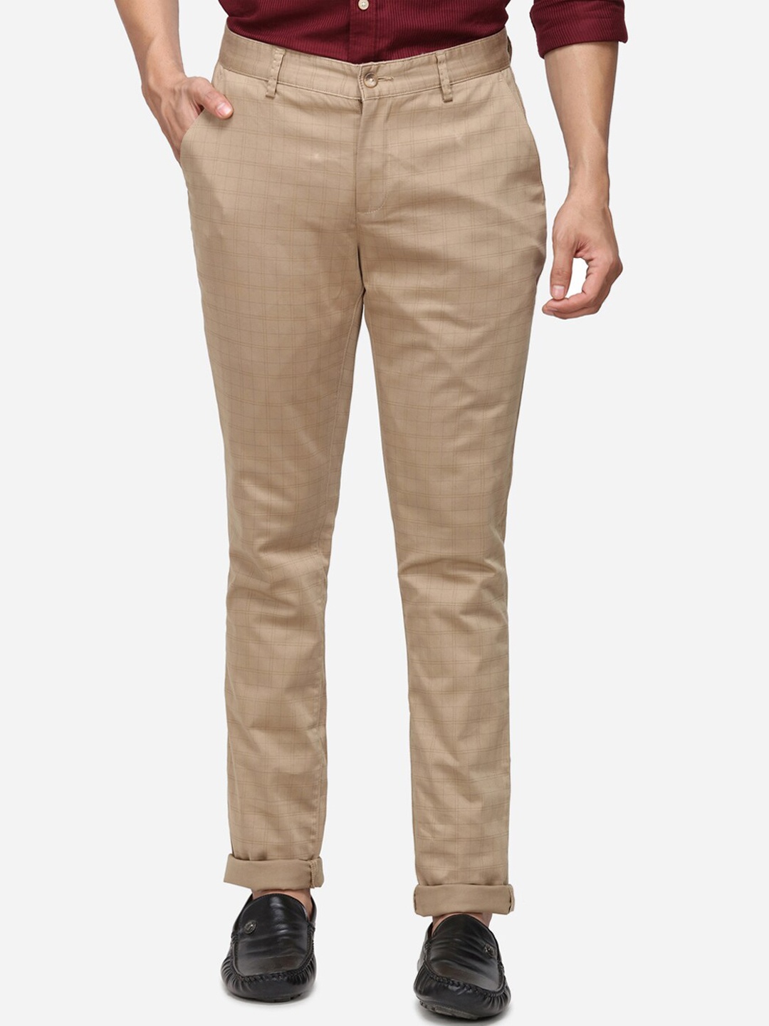 

Greenfibre Men Khaki Slim Fit Checked Regular Trousers