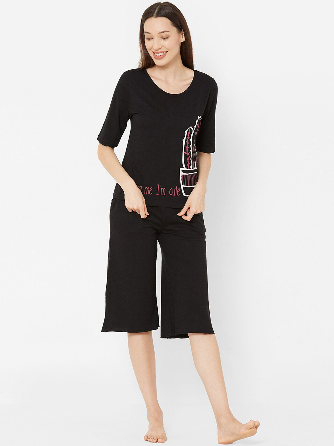 

Mystere Paris Women Black Printed Night suit