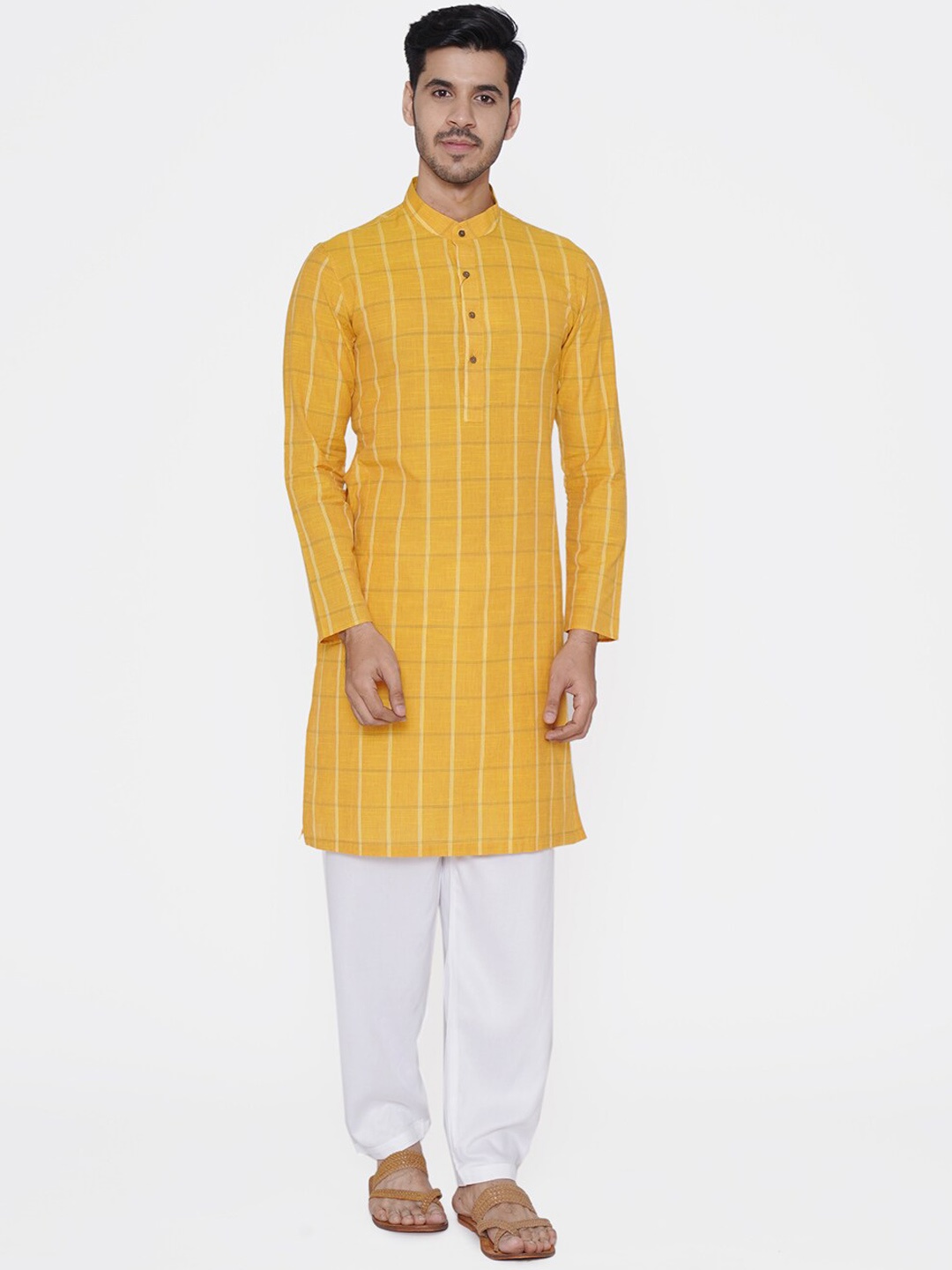 

Manyavar Men Yellow Checked Straight Kurta