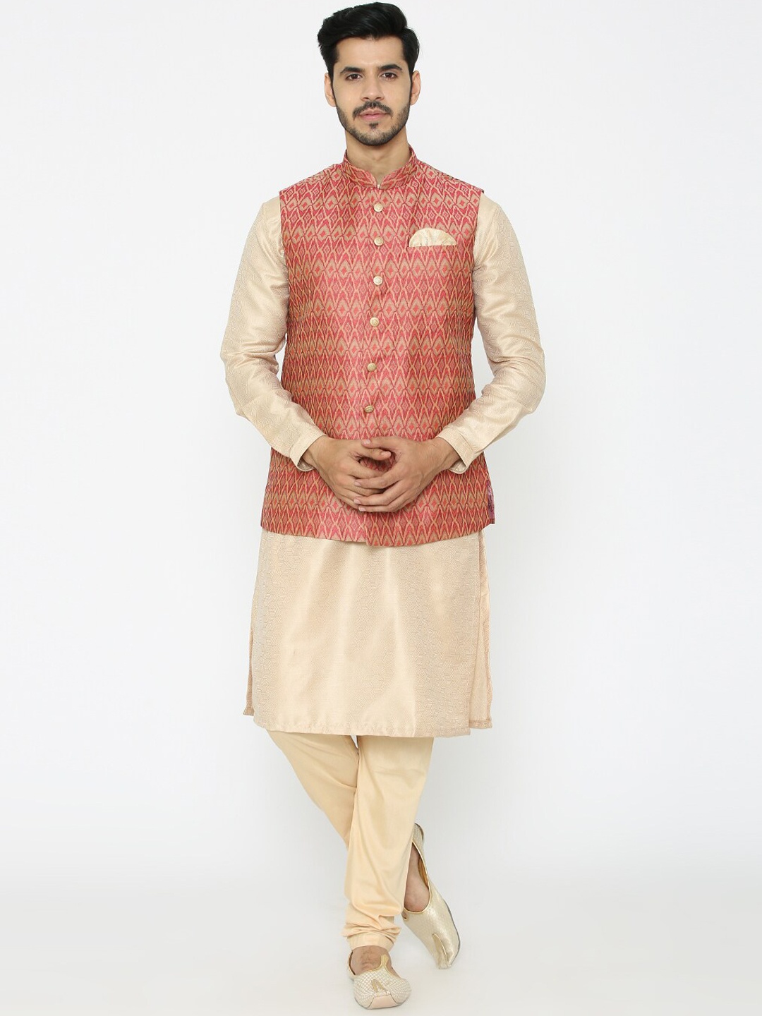 

Manyavar Men Pink & Beige Self Design Kurta with Churidar & Nehru Jacket